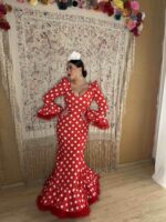TRAJE DE FLAMENCA ROJO LUNAR BLANCO MODELO AGATA