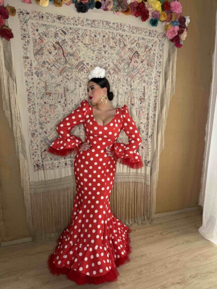TRAJE DE FLAMENCA ROJO LUNAR BLANCO MODELO AGATA