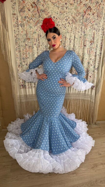 VESTIDO DE FLAMENCA MODELO ZAHARA AZUL DUCADO LUNAR BLANCO