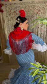 VESTIDO DE FLAMENCA MODELO ZAHARA AZUL DUCADO LUNAR BLANCO - Imagen 3