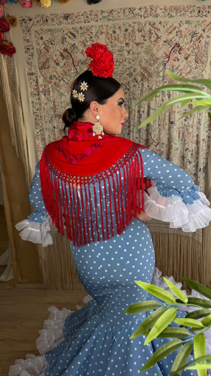 VESTIDO DE FLAMENCA MODELO ZAHARA AZUL DUCADO LUNAR BLANCO - Imagen 3