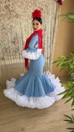 VESTIDO DE FLAMENCA MODELO ZAHARA AZUL DUCADO LUNAR BLANCO - Imagen 2