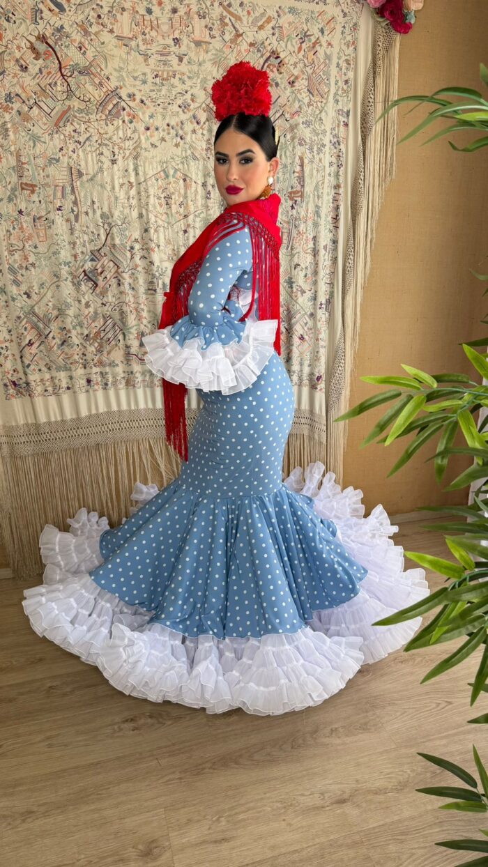 VESTIDO DE FLAMENCA MODELO ZAHARA AZUL DUCADO LUNAR BLANCO - Imagen 2
