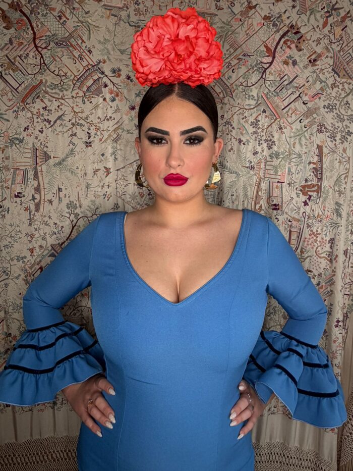 TRAJE DE FLAMENCA CANASTERO ECONOMICO AZUL DUCADO Y CINTAS DE TERCIOPELO - Imagen 5