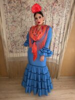 TRAJE DE FLAMENCA CANASTERO ECONOMICO AZUL DUCADO Y CINTAS DE TERCIOPELO - Imagen 2