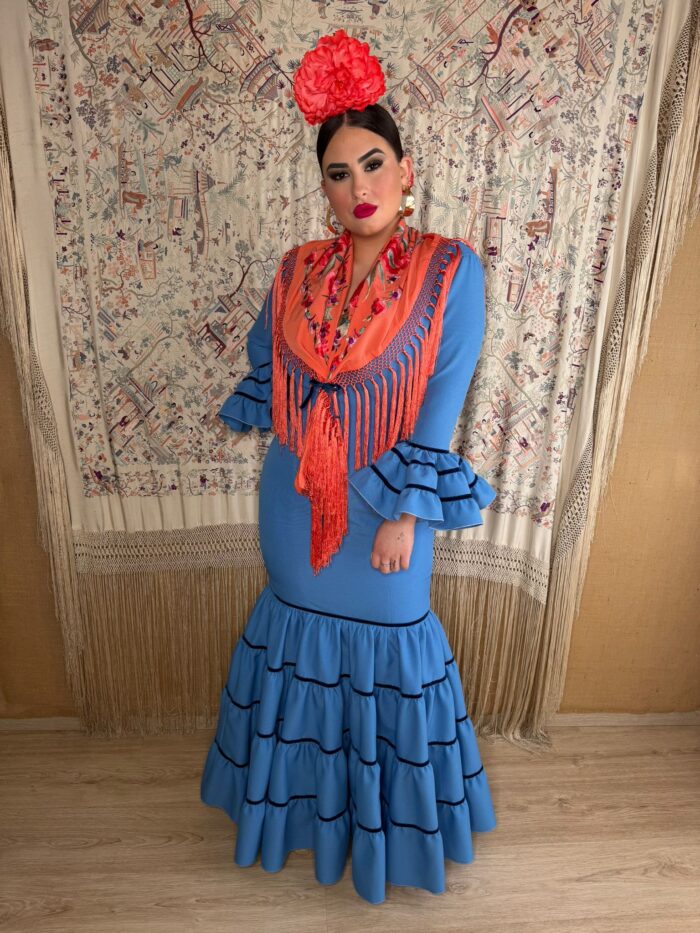 TRAJE DE FLAMENCA CANASTERO ECONOMICO AZUL DUCADO Y CINTAS DE TERCIOPELO - Imagen 2