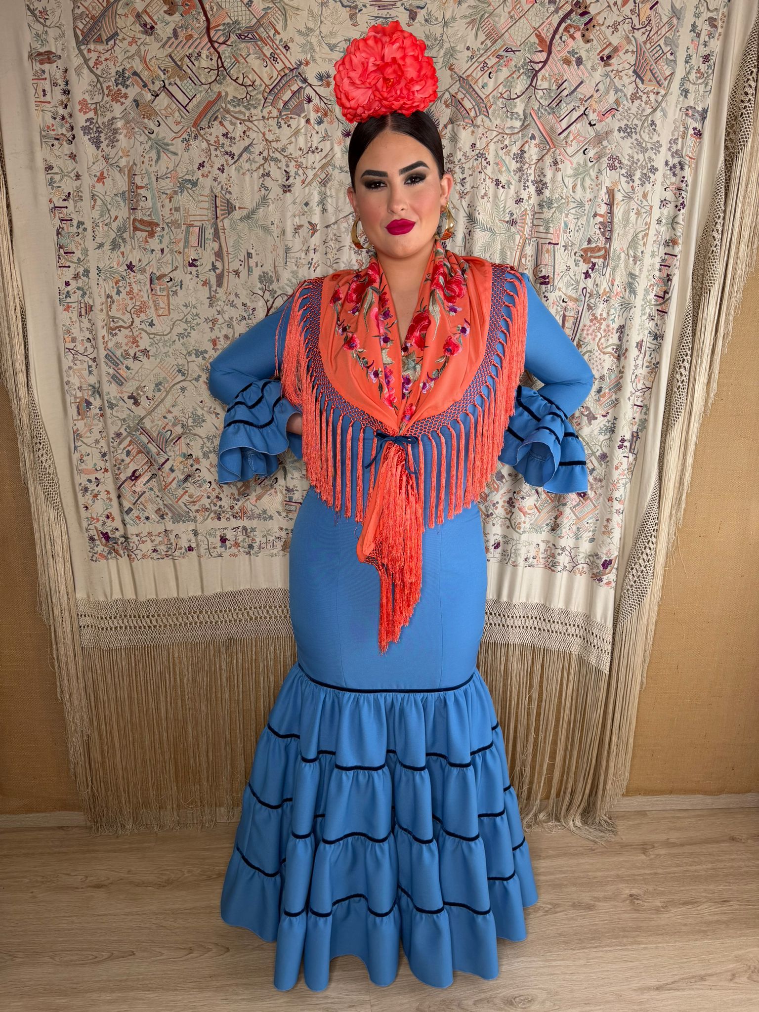 CANASTERO AZUON 6 TRAJE DE FLAMENCA CANASTERO ECONOMICO AZUL DUCADO Y CINTAS DE TERCIOPELO - Imagen 1