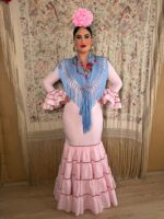 TRAJE DE FLAMENCA CANASTERO ROSA CON CINTA DE TERCIOPELO