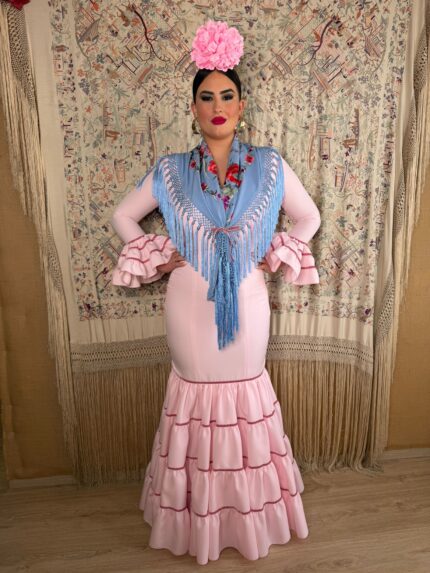 TRAJE DE FLAMENCA CANASTERO ROSA CON CINTA DE TERCIOPELO