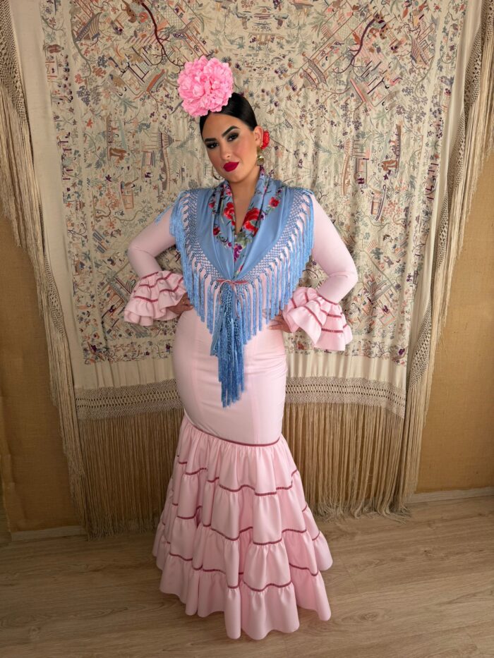 TRAJE DE FLAMENCA CANASTERO ROSA CON CINTA DE TERCIOPELO - Imagen 2