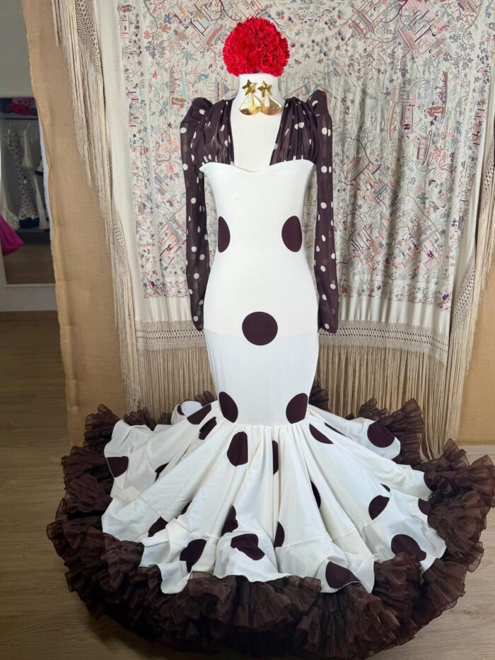 VESTIDO DE FLAMENCA ENSUEÑO BEIG LUNAR MARRON CHOCHOLATE - Imagen 4