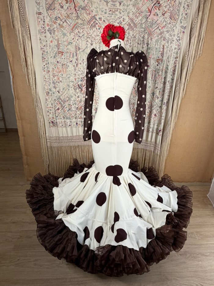 VESTIDO DE FLAMENCA ENSUEÑO BEIG LUNAR MARRON CHOCHOLATE - Imagen 3
