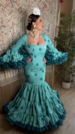 TRAJE DE FLAMENCA CANASTERO VERDE AGUA LUNAR MODELO JARANA - Imagen 5