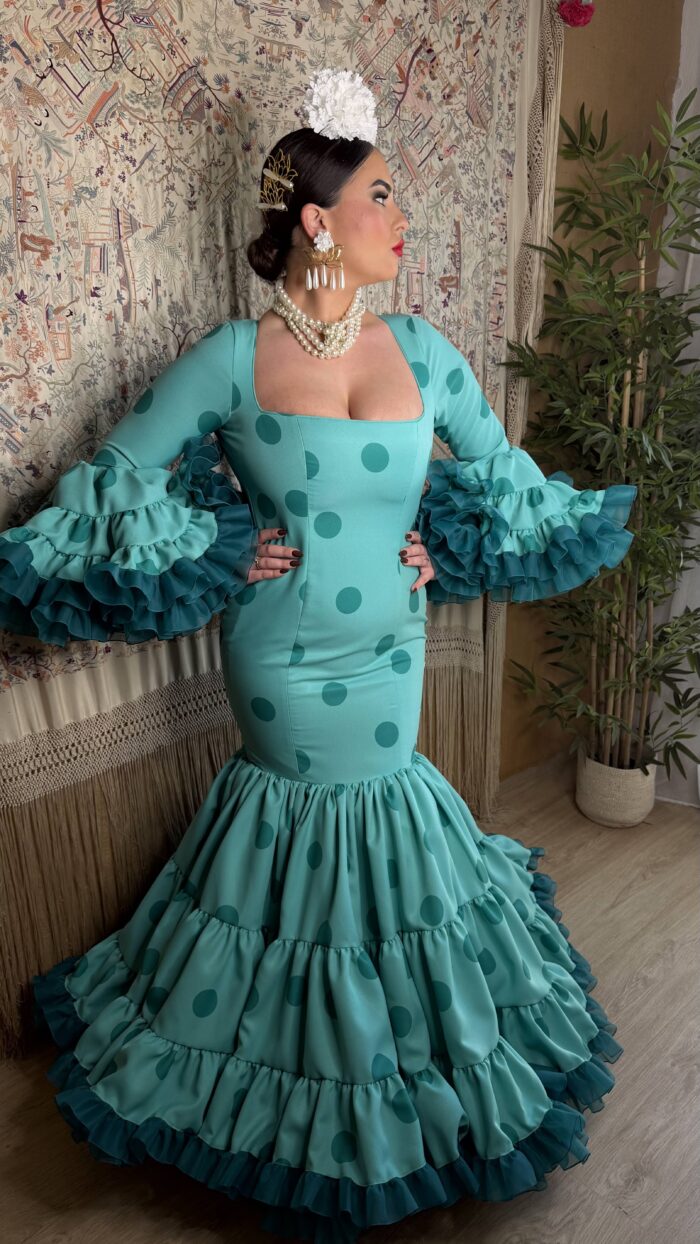 TRAJE DE FLAMENCA CANASTERO VERDE AGUA LUNAR MODELO JARANA - Imagen 5