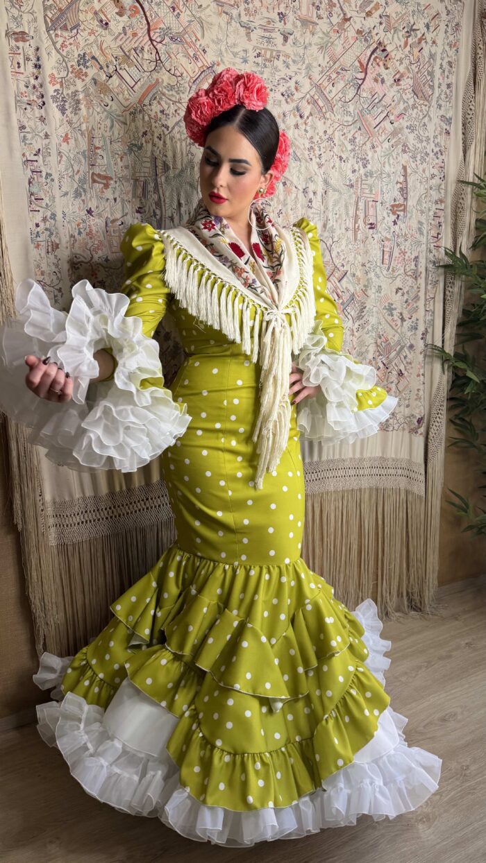 VESTIDO DE FLAMENCA MODELO SIGUA VERDE LIMA CON LUNAR BLANCO - Imagen 3