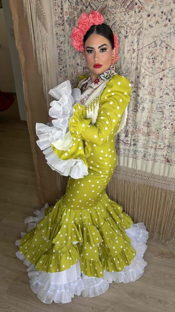 VESTIDO DE FLAMENCA MODELO SIGUA VERDE LIMA CON LUNAR BLANCO - Imagen 5