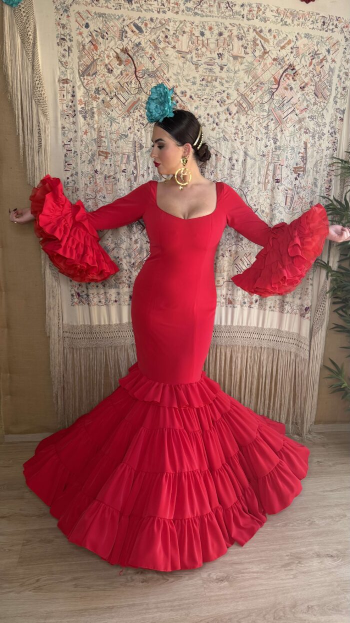 TRAJE DE FLAMENCA CANASTERO MODELO MEDITERRRANEO ROJO - Imagen 2