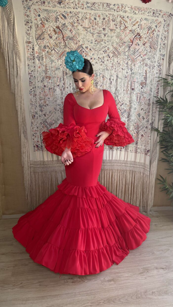 TRAJE DE FLAMENCA CANASTERO MODELO MEDITERRRANEO ROJO - Imagen 3