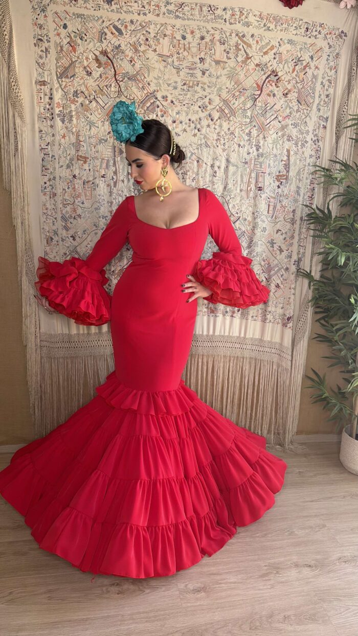 TRAJE DE FLAMENCA CANASTERO MODELO MEDITERRRANEO ROJO - Imagen 5