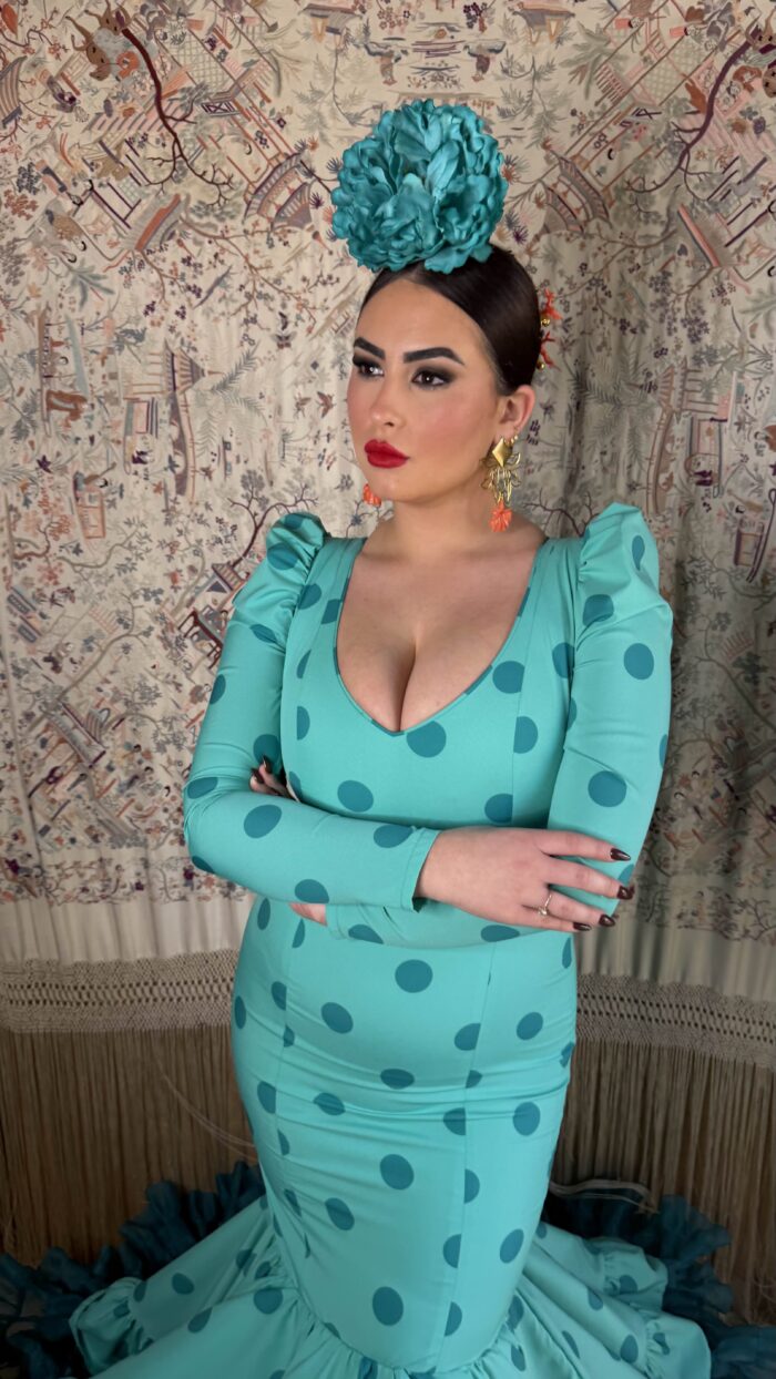 TRAJE DE FLAMENCA MODELO LUCERO VERDE AGUA LUNAR - Imagen 3