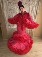 TRAJE DE FLAMENCA MODELO SALITRE FUCSIA LUNAR ROJO FLOCADO