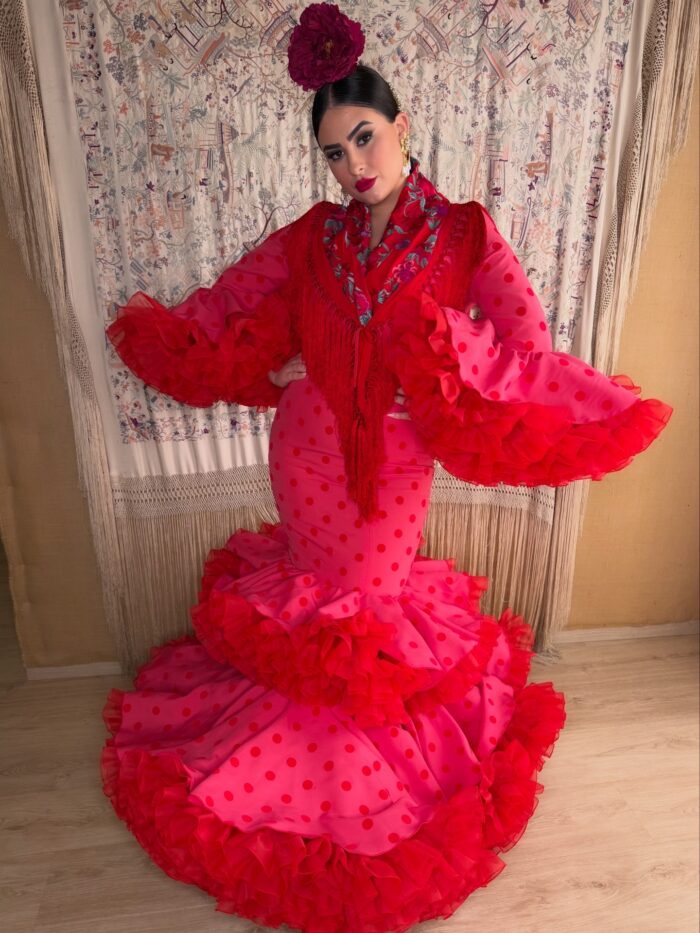 TRAJE DE FLAMENCA MODELO SALITRE FUCSIA LUNAR ROJO FLOCADO - Imagen 3