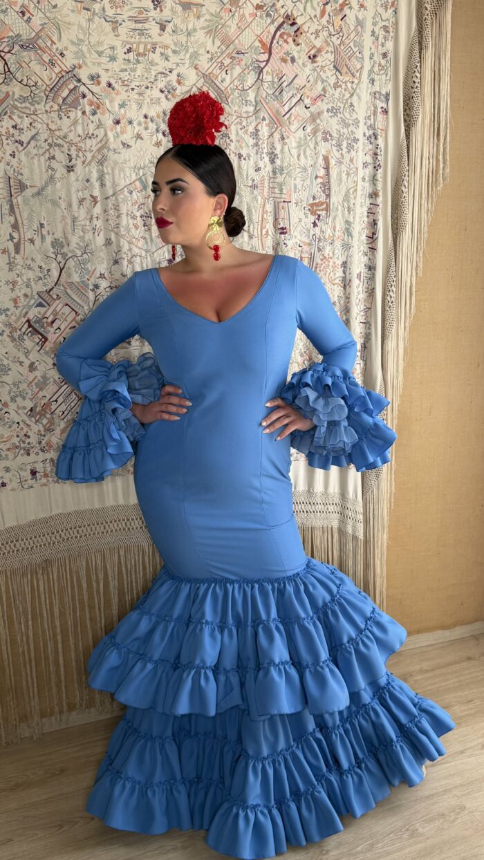 TRAJE DE FLAMENCA CANASTERO AZUL MODELO FARRUCA