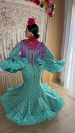 TRAJE DE FLAMENCA MODELO CORAL AGUA MARINA ESPALDA