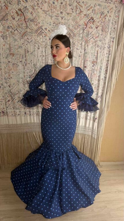 TRAJE DE FLAMENCA MODELO ROCIO AZUL LUNAR CELESTE frontal