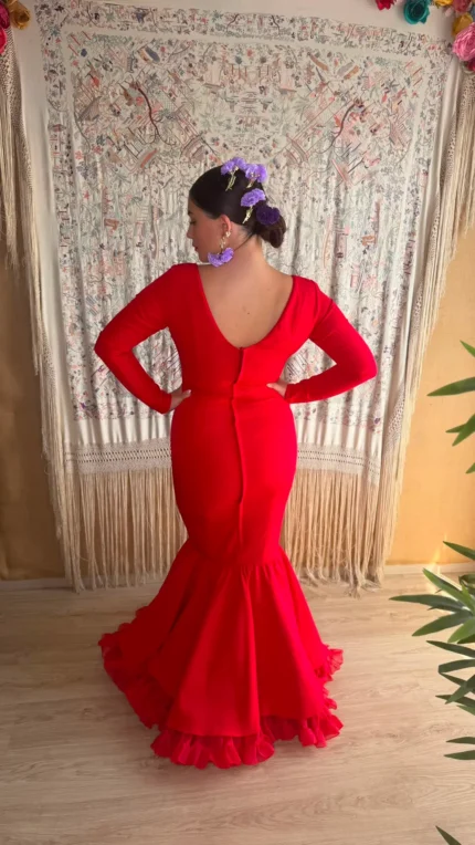 espalda Traje Liso de Flamenca sin topos Carmín Rojo