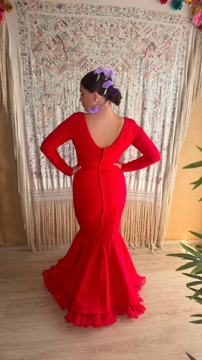 espalda Traje Liso de Flamenca sin topos Carmín Rojo