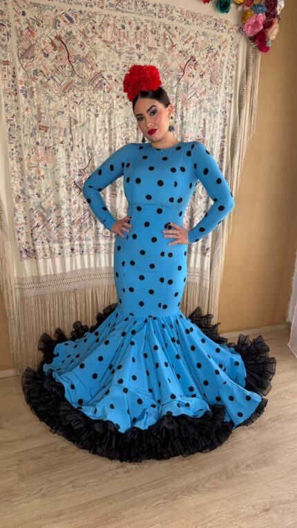 VESTIDO DE FLAMENCA MODELO ALBA FERIA AZUL LUNAR NEGRO