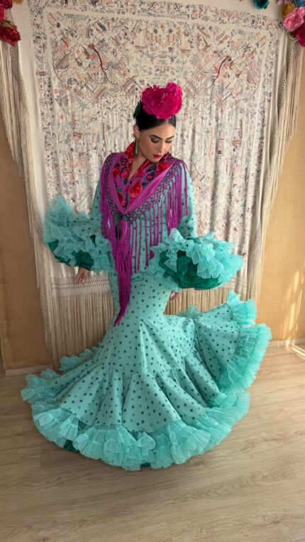 TRAJE DE FLAMENCA MODELO CORAL AGUA MARINA