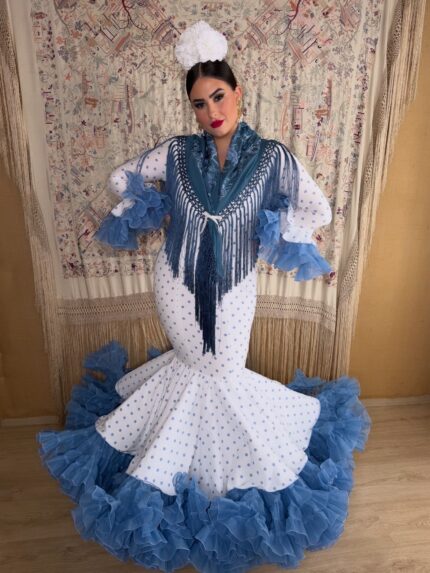 VESTIDO DE FLAMENCA MODELO ZAHARA BLANCO LUNAR AZUL DUCADO